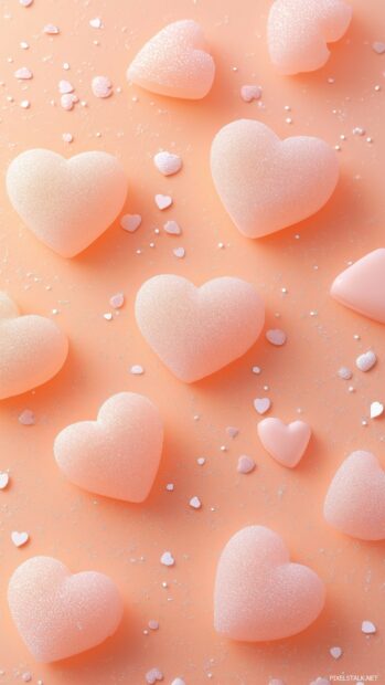 Cluster of tiny hearts in love fading into a soft peach background.