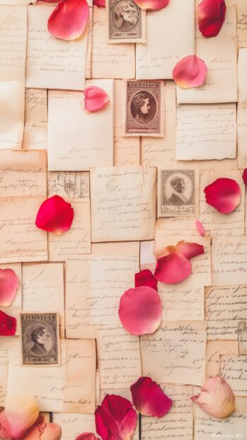 Collage of handwritten love letters, rose petals, and vintage postage stamps with a faded, warm aesthetic.