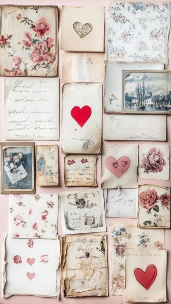 Collage of vintage postcards, hand drawn hearts, and soft, faded floral patterns.