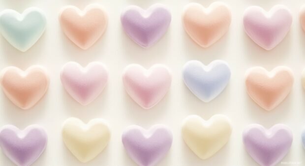 Colorful hearts in pastel shades, arranged in a playful grid layout over a soft white background.