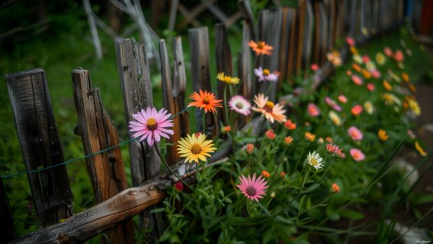 Colorful spring flowers by a wooden fence.