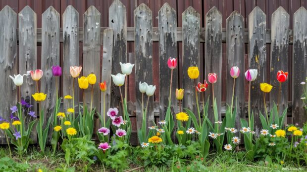 Colorful spring flowers by a wooden fence.