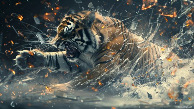 Cool 1080p wallpaper with a tiger made of broken glass, roaring and surrounded flying fragments of its body.