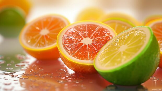 Cool 3D citrus fruits like oranges, lemons, and limes sliced open to reveal juicy interiors.