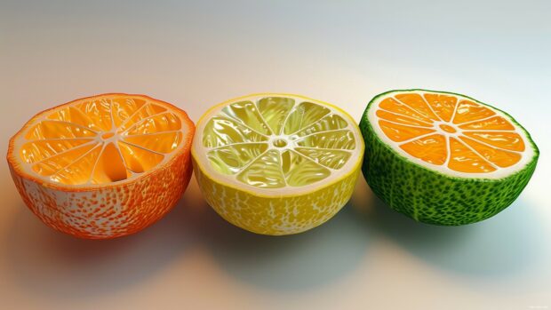 Cool 3D citrus fruits like oranges, lemons, and limes sliced open to reveal juicy interiors.