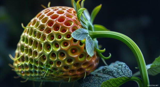 Cool 3D close up of a single, intricately detailed fruit like a strawberry or apple.