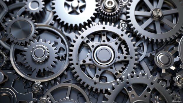 Cool 3D metallic gears and cogs rotating in a synchronized motion.