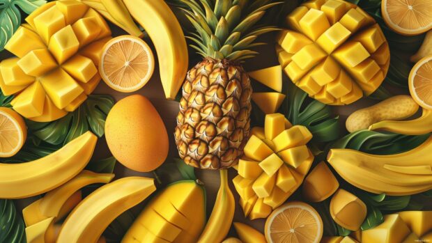 Cool 3D tropical fruits like pineapples, mangoes, and bananas arranged artistically.