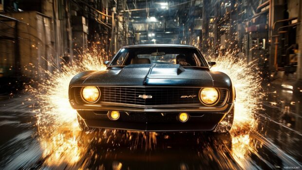 Cool Car HD Wallpaper with a powerful Chevrolet Camaro drifting through an industrial area.