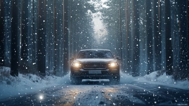 Cool Car Wallpaper with a luxury SUV driving through a snowy forest.