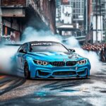 Cool Car Wallpaper with a vibrant blue BMW M3 in mid drift on an urban track.