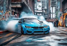 Cool Car Wallpaper with a vibrant blue BMW M3 in mid drift on an urban track.