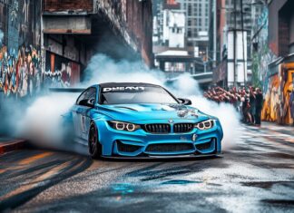 Cool Car Wallpaper with a vibrant blue BMW M3 in mid drift on an urban track.