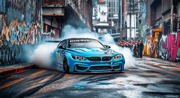 Cool Car Wallpaper with a vibrant blue BMW M3 in mid drift on an urban track.