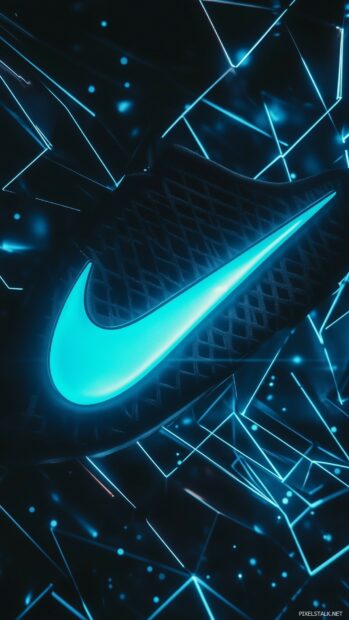 Cool Nike wallpaper featuring a sleek black swoosh logo with a neon blue background and dynamic geometric patterns.