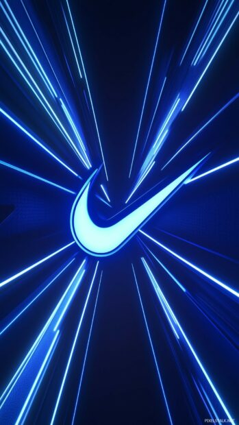 Cool Nike wallpaper for iPhone featuring a sleek black swoosh logo with a neon blue background.