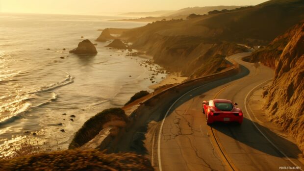 Cool car cruising along a coastal highway with ocean views, 1080p background.