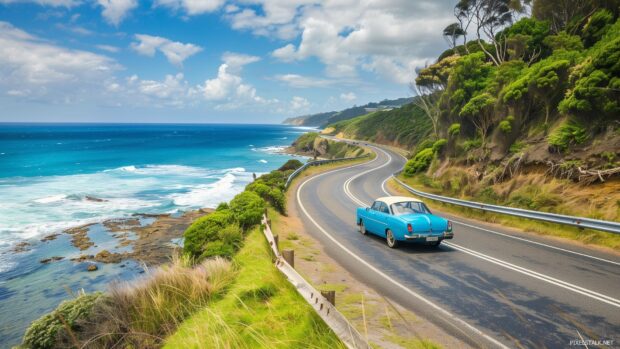 Cool car cruising along a coastal highway with ocean views.