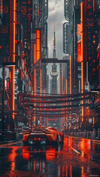 Cool car cruising through a cyberpunk cityscape with tall skyscrapers.