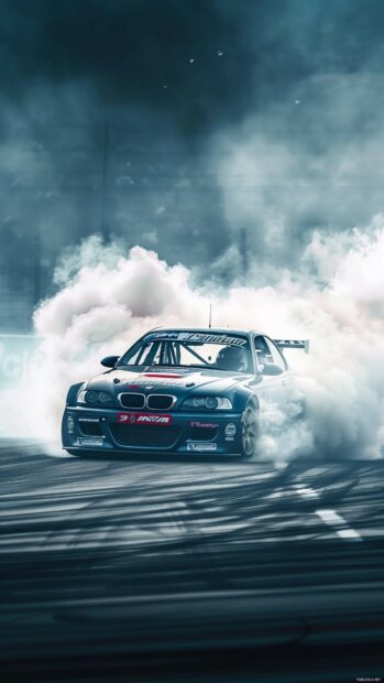 Cool car drifting on a race track surrounded by smoke.