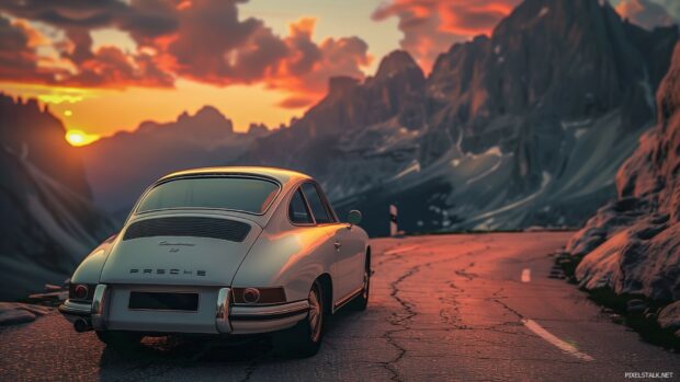 Cool car parked on a mountain road with a stunning sunset .