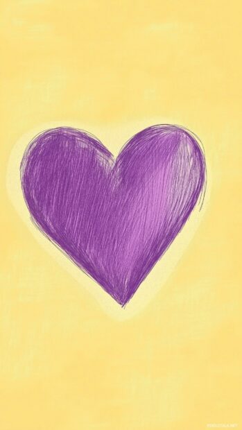 Cool hand drawn heart in light purple on a plain pastel yellow background.