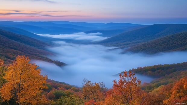 Cool image with fog rolling through deep blue Mountain valleys.