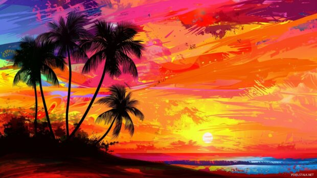 Cool orange tropical sunset with palm trees silhouetted against a colorful sky.