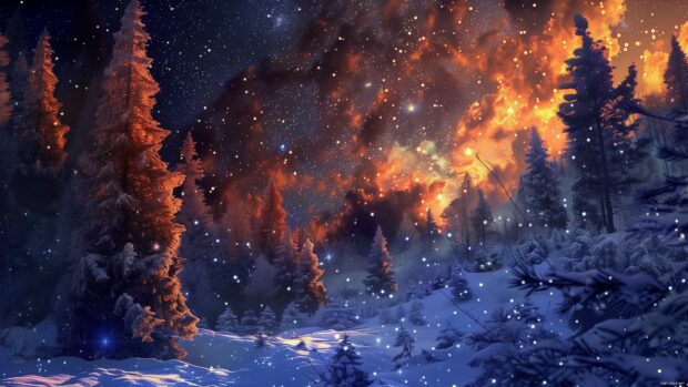 Cool snowy forest with pine trees covered in frost under a starry sky.