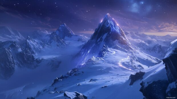 Cool view of a snow covered mountain ridge glowing under the stars.