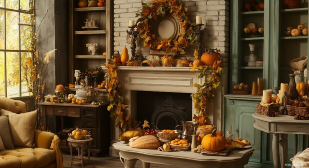 Cozy Thanksgiving Living Room with a fireplace, autumn garlands, and a table with festive decor and snacks.