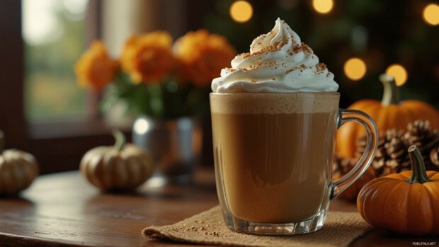 Cozy autumn desktop wallpaper with a pumpkin spice latte on a table with fall decorations.