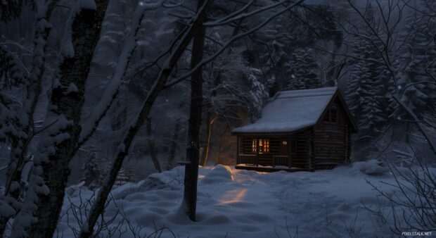 Cozy cabin in the woods surrounded by a thick winter snow, wallpaper for PC.