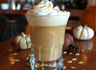 Cozy fall desktop wallpaper HD with a pumpkin spice latte on a table with fall decorations.