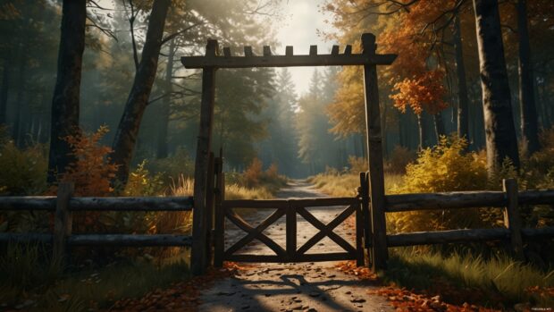 Cozy fall desktop wallpaper a rustic gate leading to a forest with autumn colors.