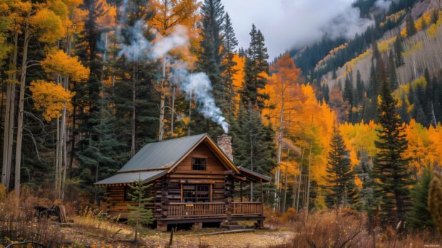 Cozy fall desktop wallpaper with a cabin surrounded by autumn trees, smoke rising from the chimney.