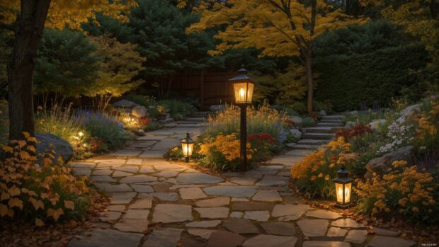 Cozy fall desktop wallpaper with a lantern lit path through a garden.