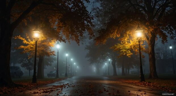 Cozy fall desktop wallpaper with with a foggy evening street lamps illuminating fall leaves.