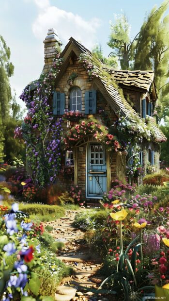 Cozy spring cottage surrounded by fields of blooming flowers.