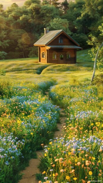 Cozy spring cottage surrounded by fields of blooming flowers.