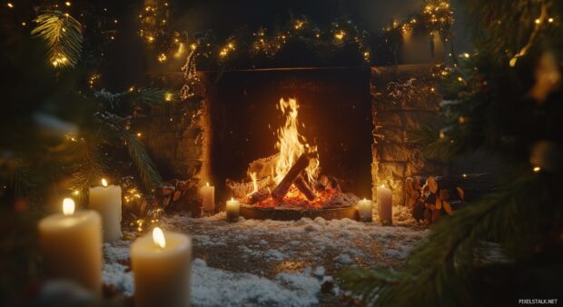 Crackling fireplace with a roaring fire, surrounded by pine branches, candles, and twinkling fairy lights.