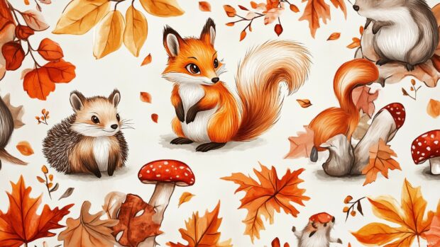 Cute Autumn 2K wallpaper with adorable woodland animals like foxes, squirrels, and hedgehogs, surrounded by colorful fall leaves and mushrooms.