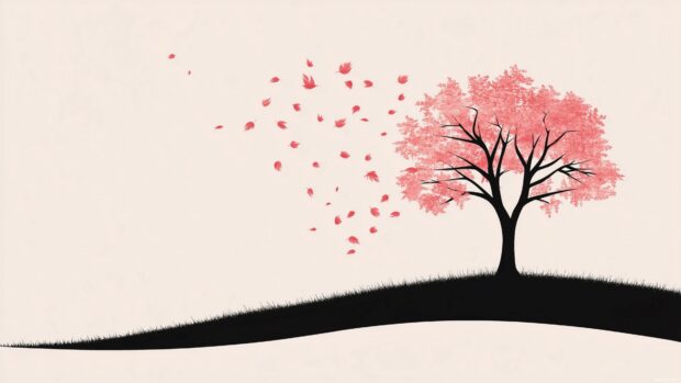 Cute Autumn 4K Wallpaper with minimalist pink tree silhouette with falling pink leaves over a soft white background.