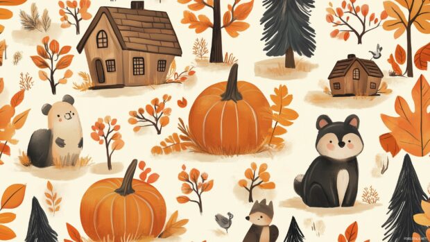 Cute Autumn wallpaper HD with adorable pumpkins, cute woodland creatures, and tiny cozy cabins surrounded by autumn foliage.