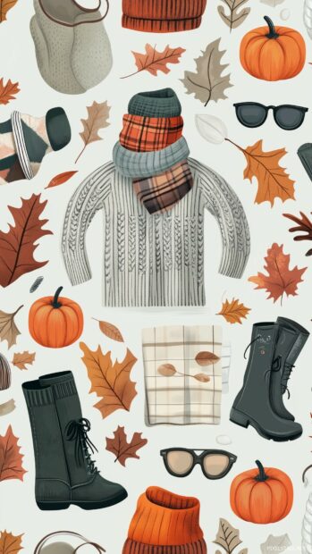 Cute Autumn wallpaper with adorable fall sweaters, boots, and scarves paired with tiny pumpkins and leaves.