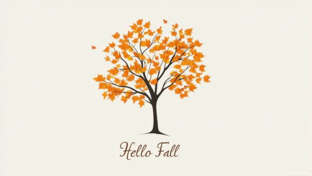 Cute Autumn wallpaper with minimalist fall tree silhouette with orange leaves and Hello Fall in a light font below.