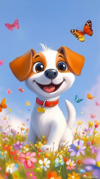 Cute Cartoon Dog Wallpaper for iPhone with floppy ears and a wagging tail, sitting in a field of tiny flowers with butterflies fluttering around.