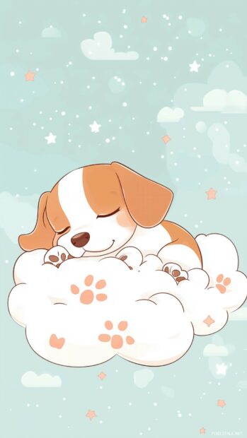 Cute Cartoon Dog Wallpaper with a puppy sleeping on a cloud, with little paw prints and stars around.