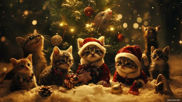 Cute Christmas desktop background with a group of baby animals in festive attire, gathered around a Christmas tree.