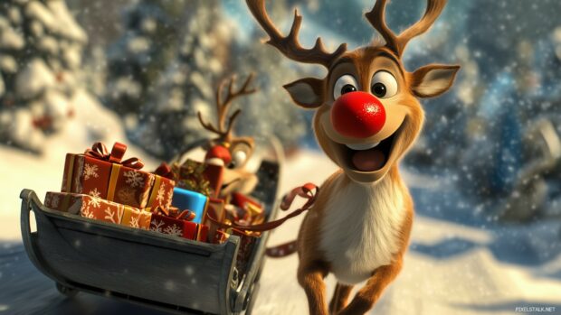 Cute Christmas desktop wallpaper with a red nose reindeer, pulling a sleigh filled with presents.